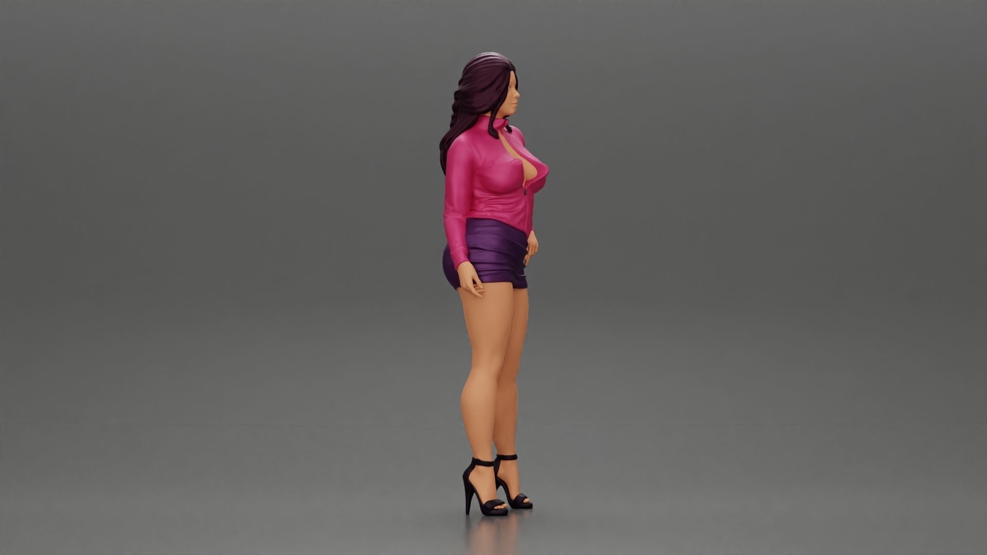 woman posing in open jacket mini skirt next to a car long hair 3D print model_1