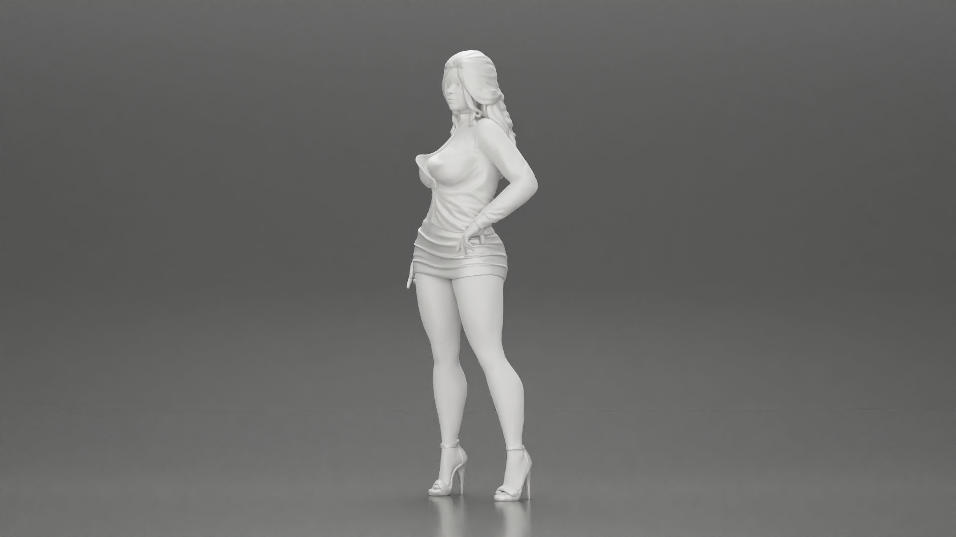 woman posing in open jacket mini skirt next to a car long hair 3D print model_11