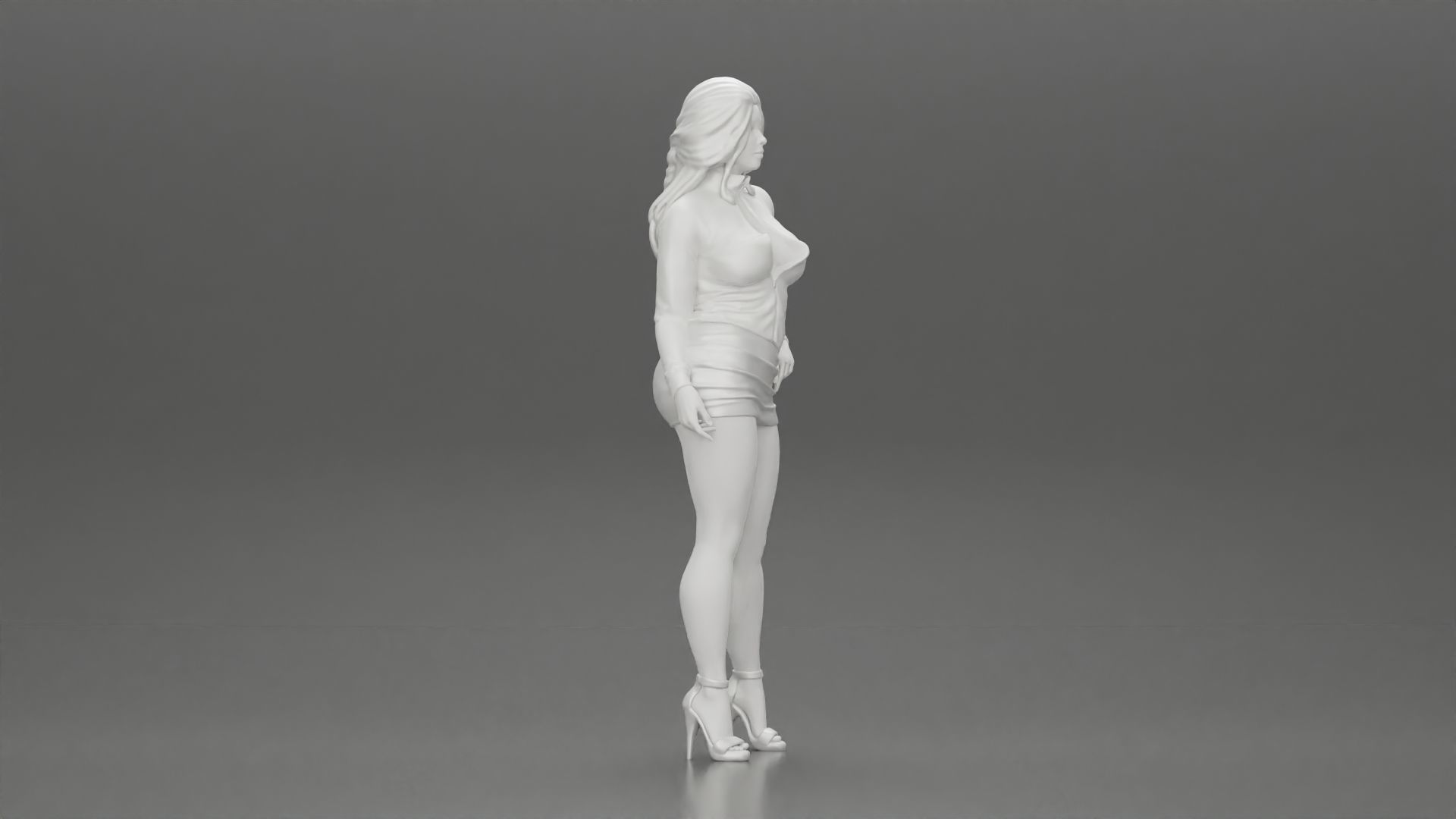 woman posing in open jacket mini skirt next to a car long hair 3D print model_7