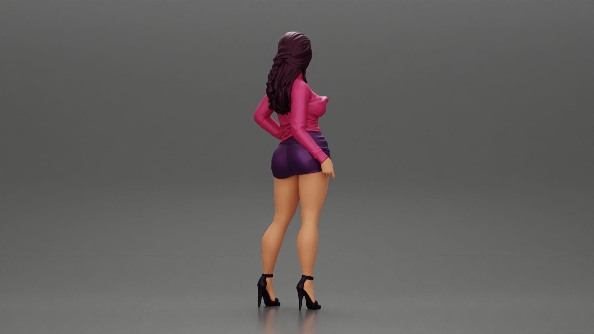 woman posing in open jacket mini skirt next to a car long hair 3D print model_2