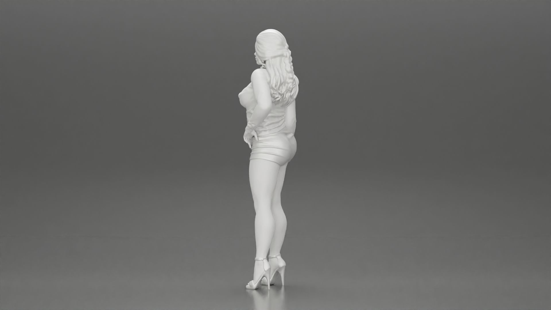 woman posing in open jacket mini skirt next to a car long hair 3D print model_10