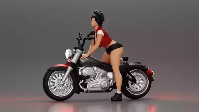 attractive girl on motorbike shorts mini jacket with curly hair