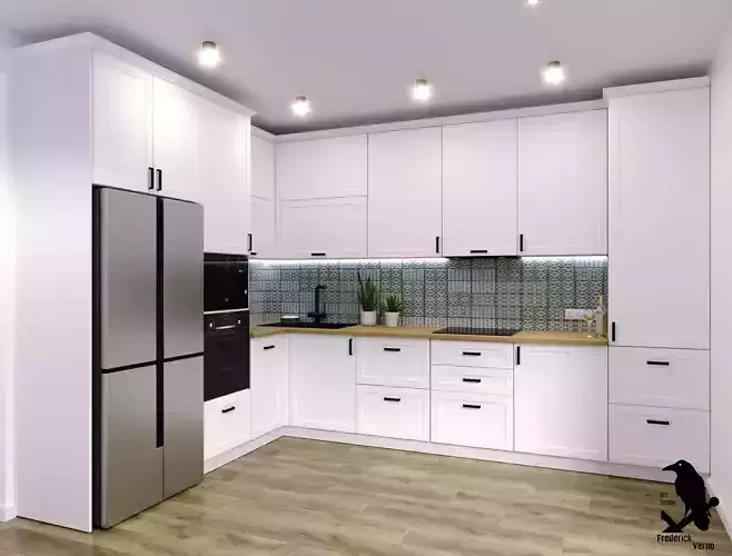 The kitchen is neoclassical