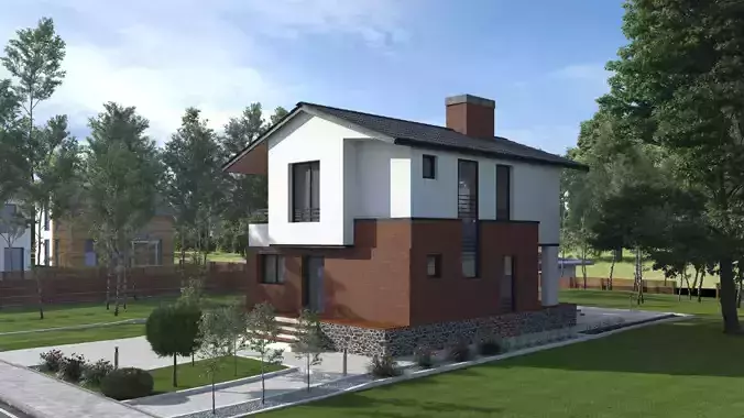 Highly detailed 3d scene of modern House with garden landscape 