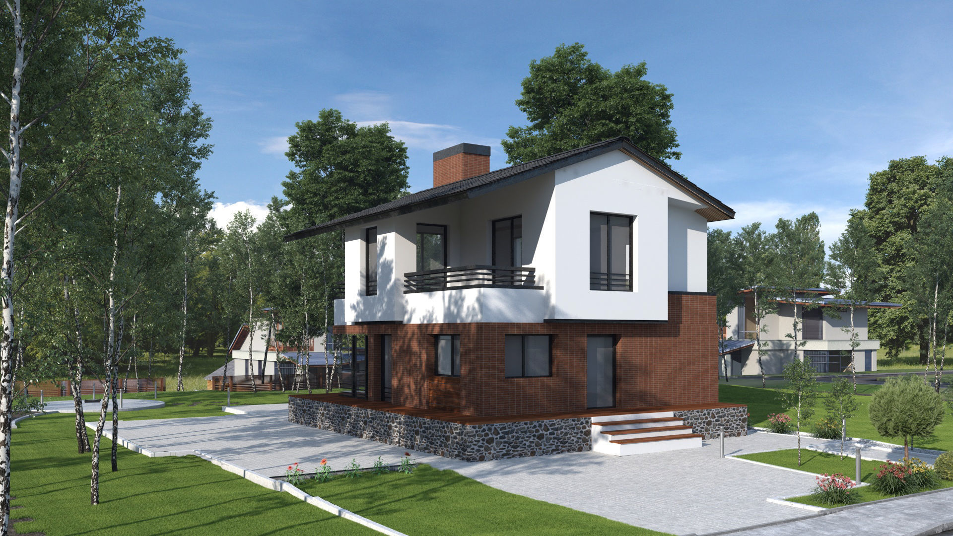 Highly detailed 3d scene of modern House with garden landscape 3D model_2