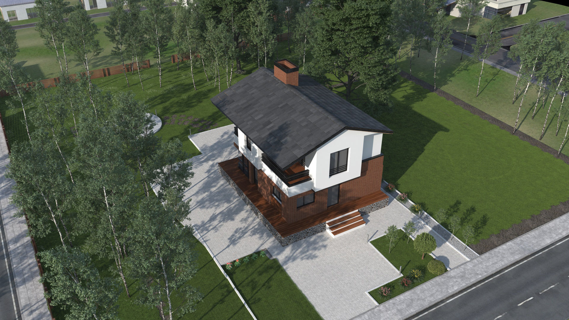 Highly detailed 3d scene of modern House with garden landscape 3D model_3