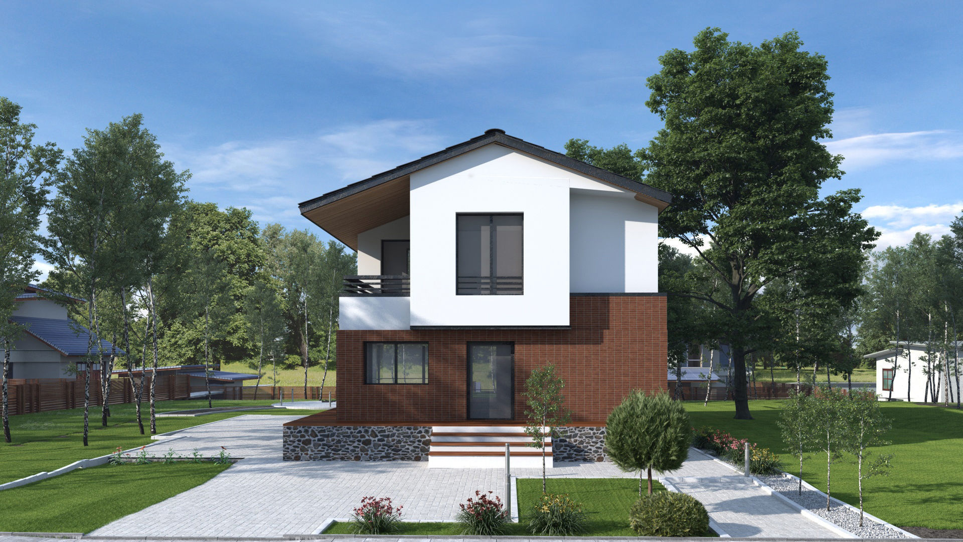 Highly detailed 3d scene of modern House with garden landscape 3D model_1