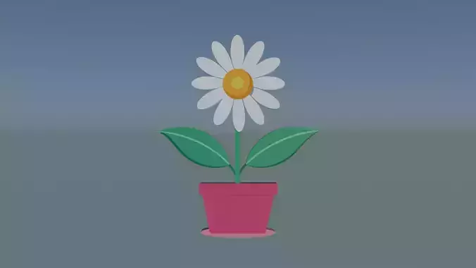 White Blossom with Yellow Center and Green Leaf in Vase 3D print model