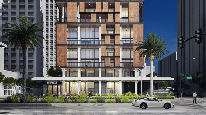 Residential Highrise Building Exterior Scene 3D model 6