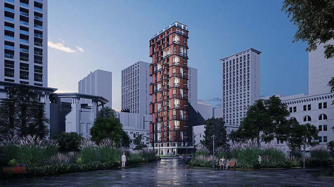 Residential Highrise Building Exterior Scene 3D model 2