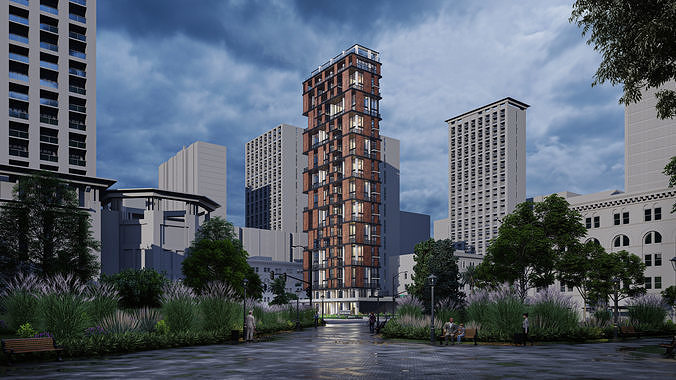 Residential Highrise Building Exterior Scene 3D model 3