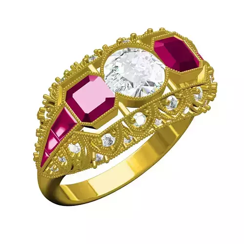 Antique Ruby Octagon Stone Art Deco Engagement Ring