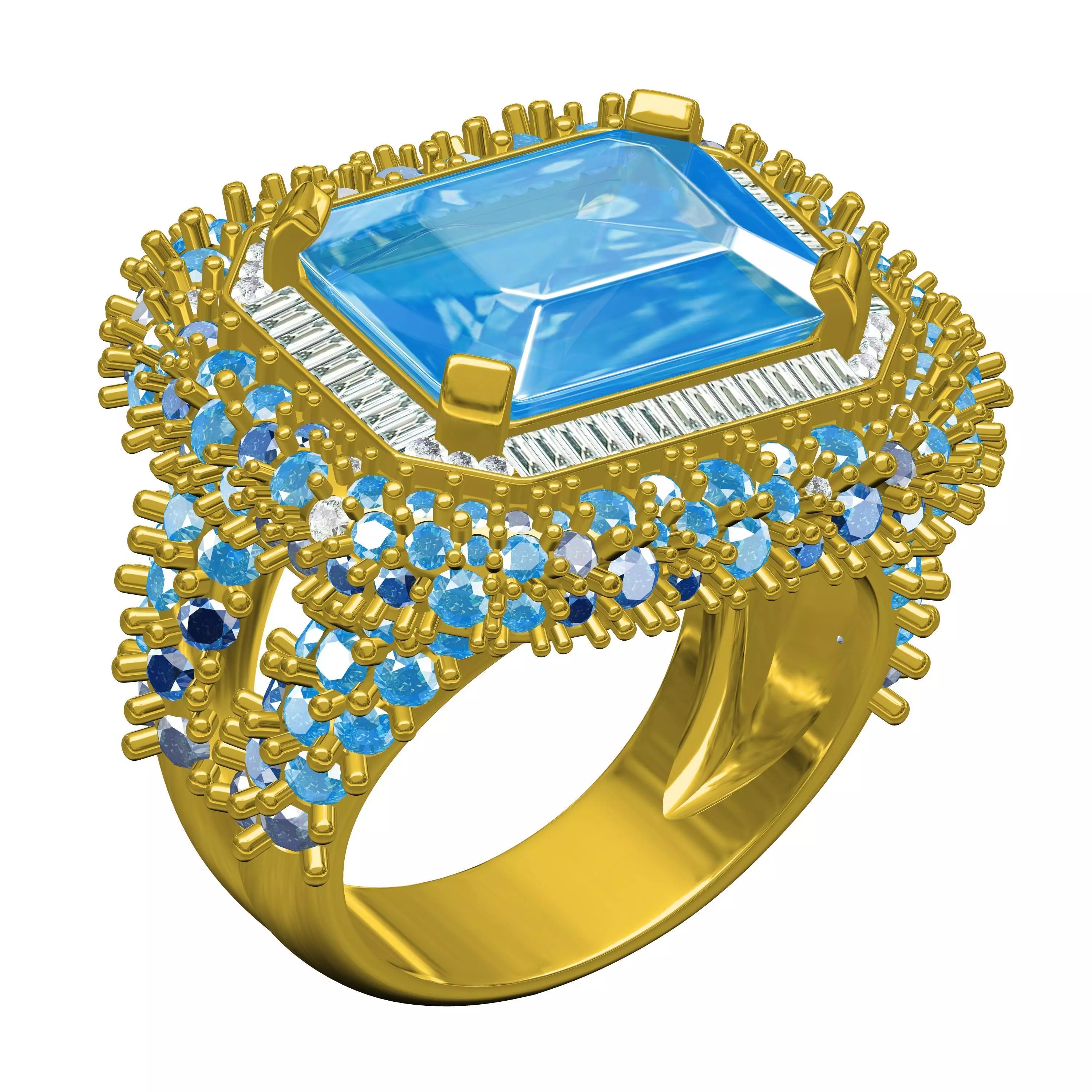 Aquamarine Emerald Stone and Diamond Cocktail Ring 3D print model