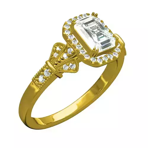 Emerald Stone Round Diamond Halo Art Deco Ring 3D print model