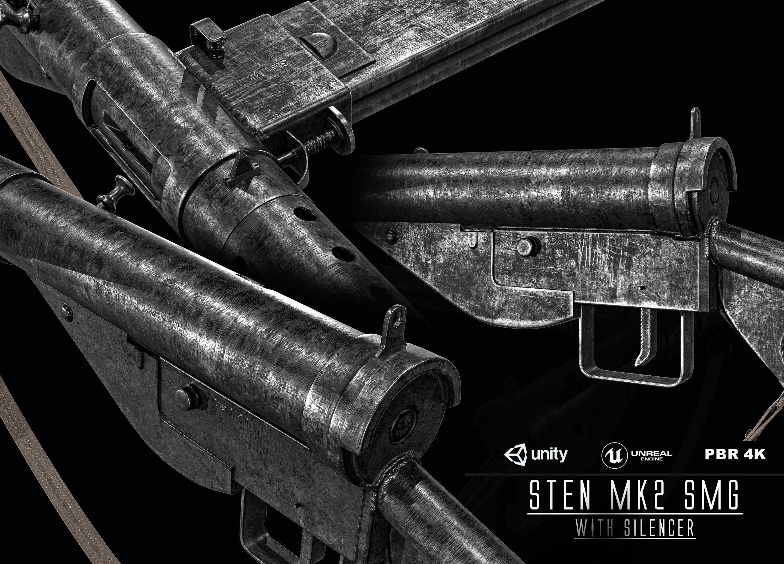 Sten MK2 SMG With Silencer Low-poly 3D model_1