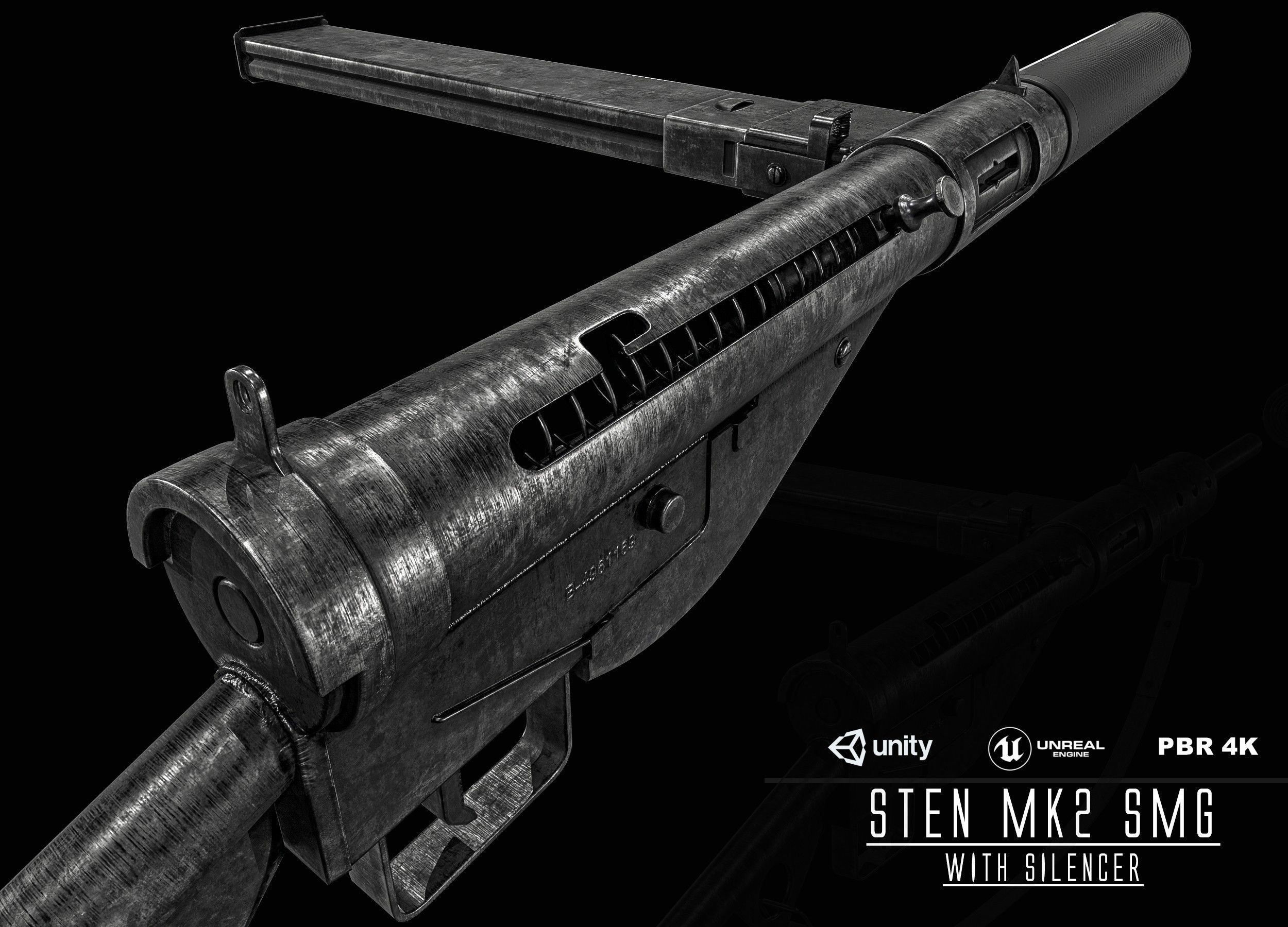 Sten MK2 SMG With Silencer Low-poly 3D model_3