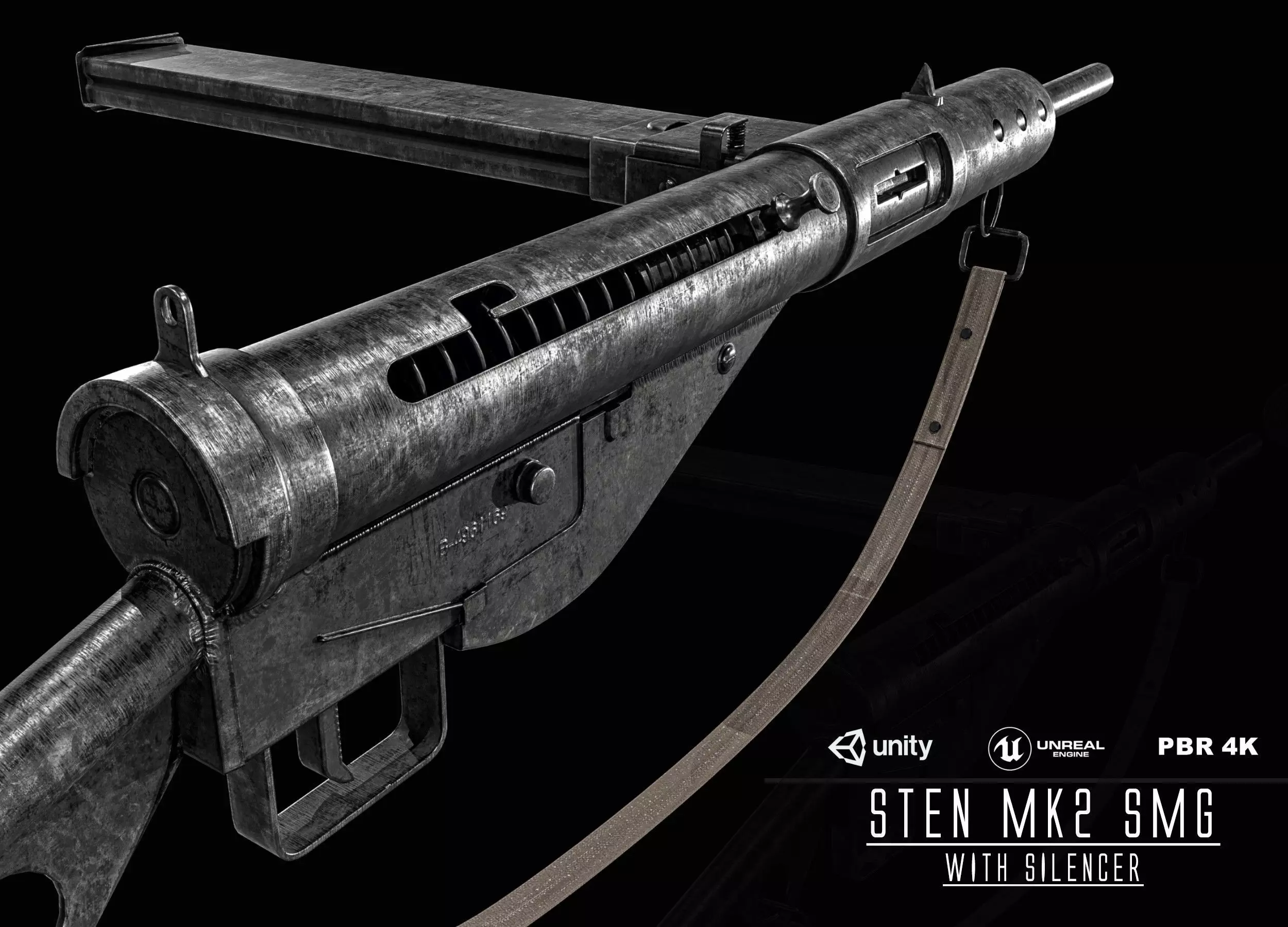 Sten MK2 SMG With Silencer Low-poly 3D model_0
