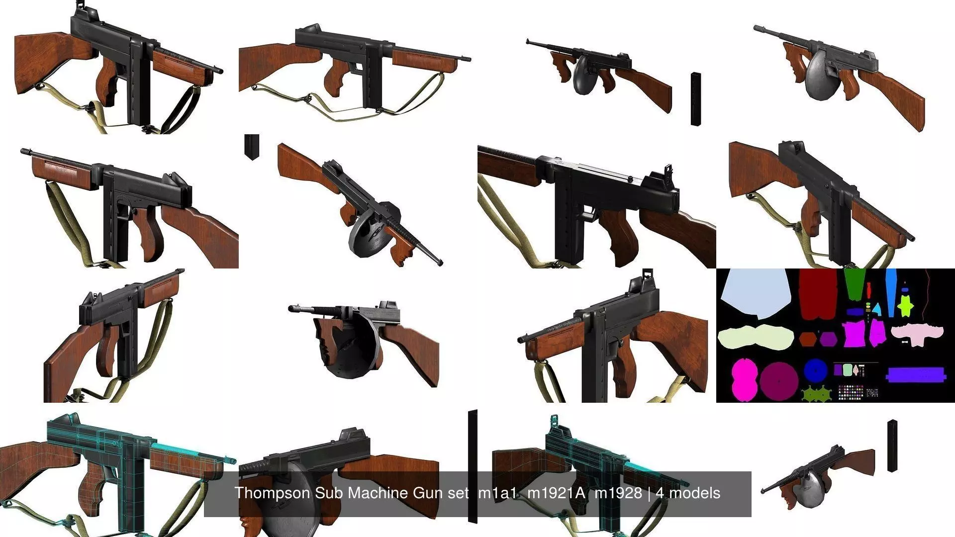 Thompson Sub Machine Gun set  m1a1  m1921A  m1928 3D Model Collection_0