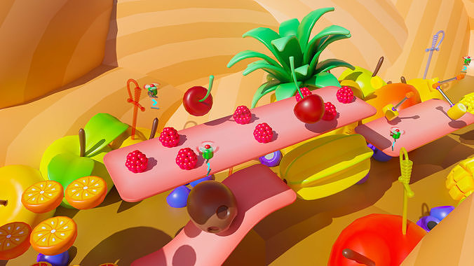 Platformer 5 Fruits Low-poly 3D model 7