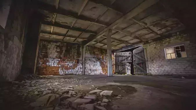 Abandoned garage hall with damaged wooden gate 3D model