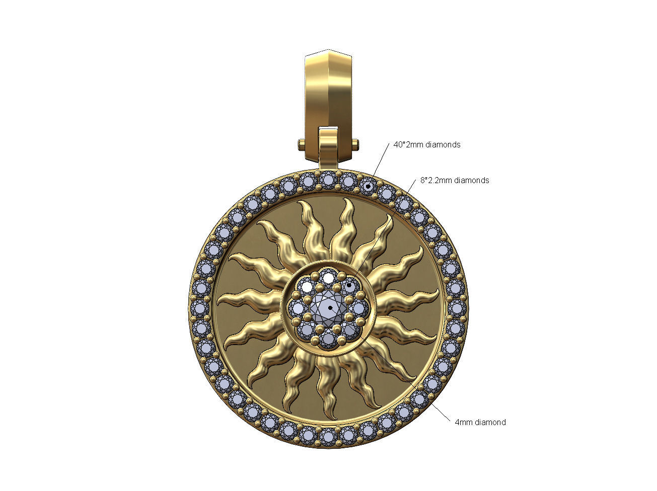Sun cluster diamond pendant with bail 3D print model_1