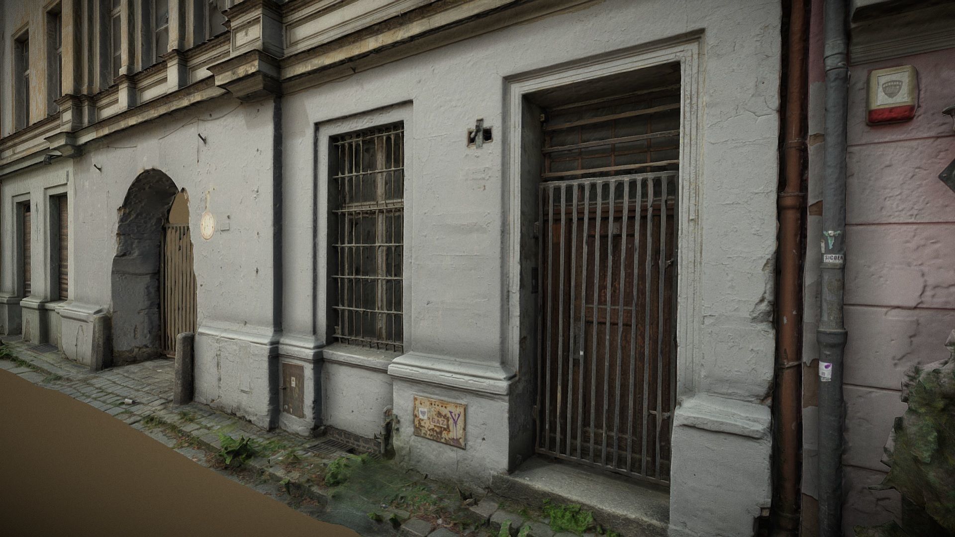 Facade Of A Tenement House With A Steel Gate 3D model_1