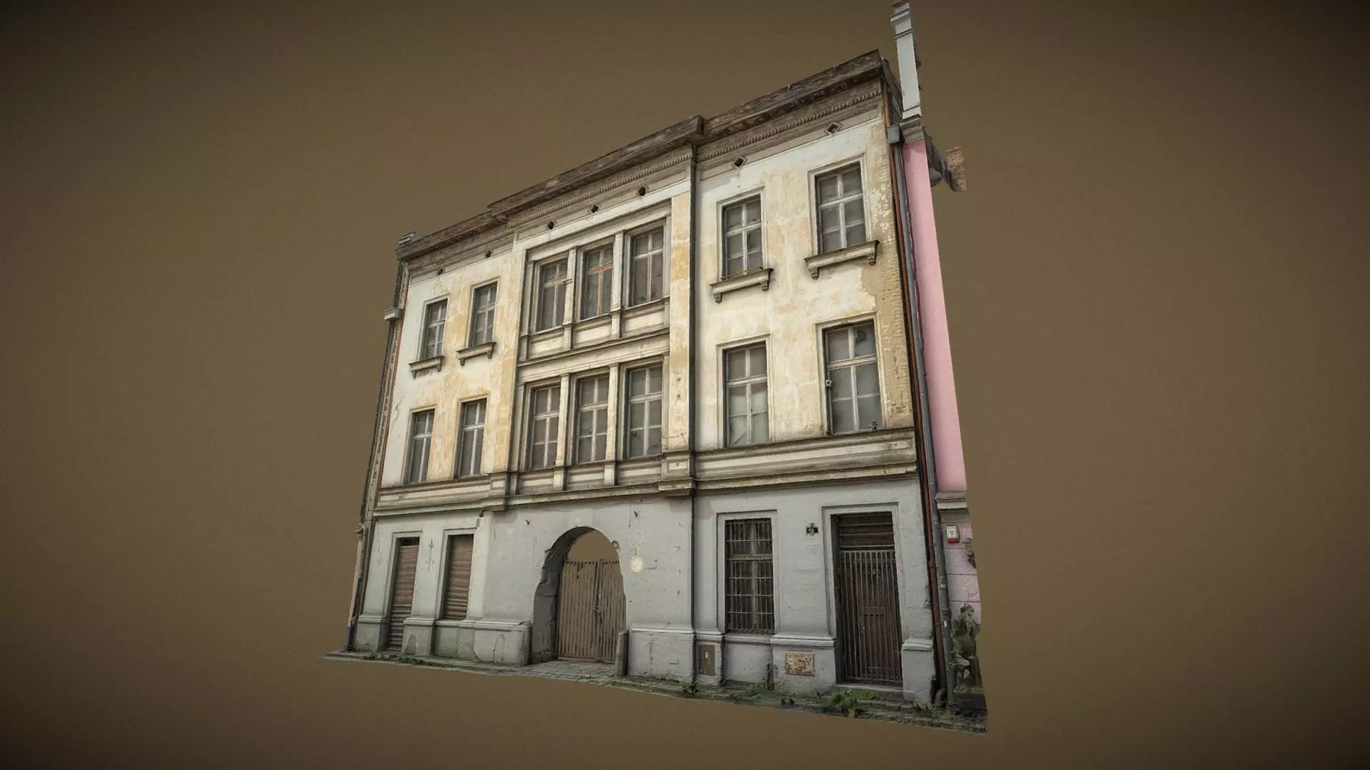 Facade Of A Tenement House With A Steel Gate 3D model_0