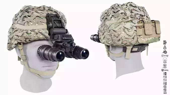 Military Combat Helmet with Night Vision Goggles Low-poly 3D model