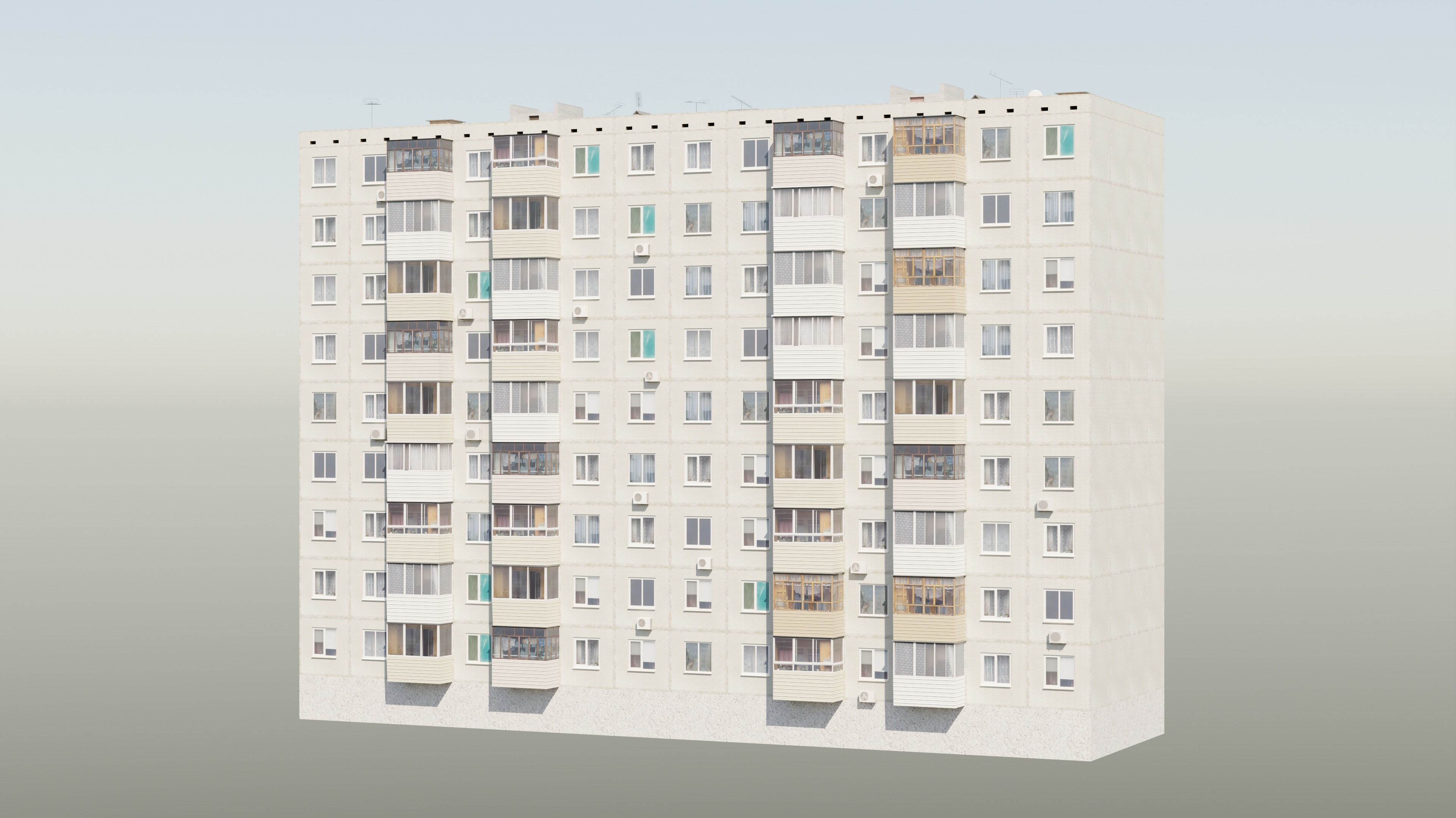 Soviet Panel Apartment Building two entrances Low-poly 3D model_4