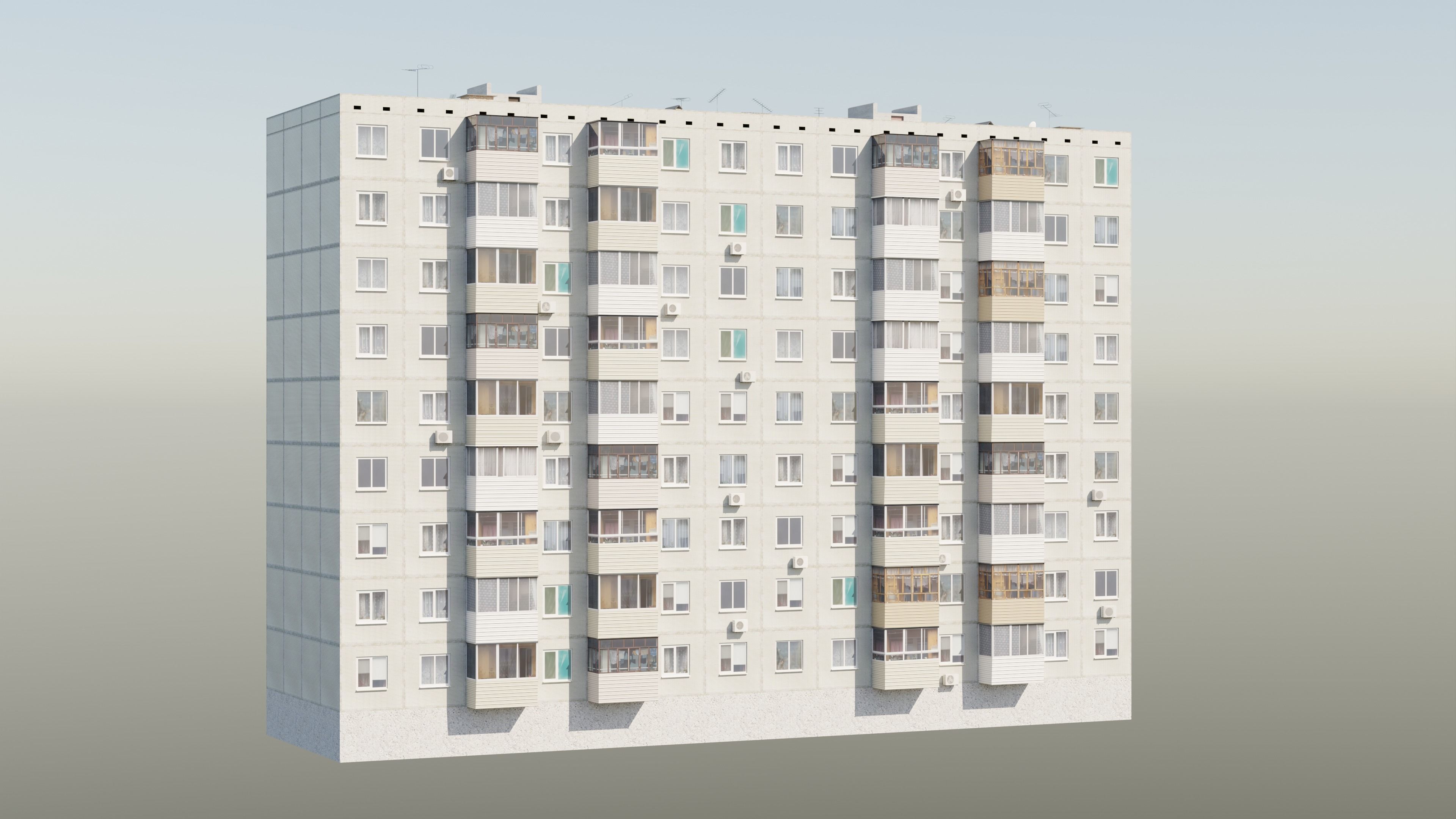 Soviet Panel Apartment Building two entrances Low-poly 3D model_3