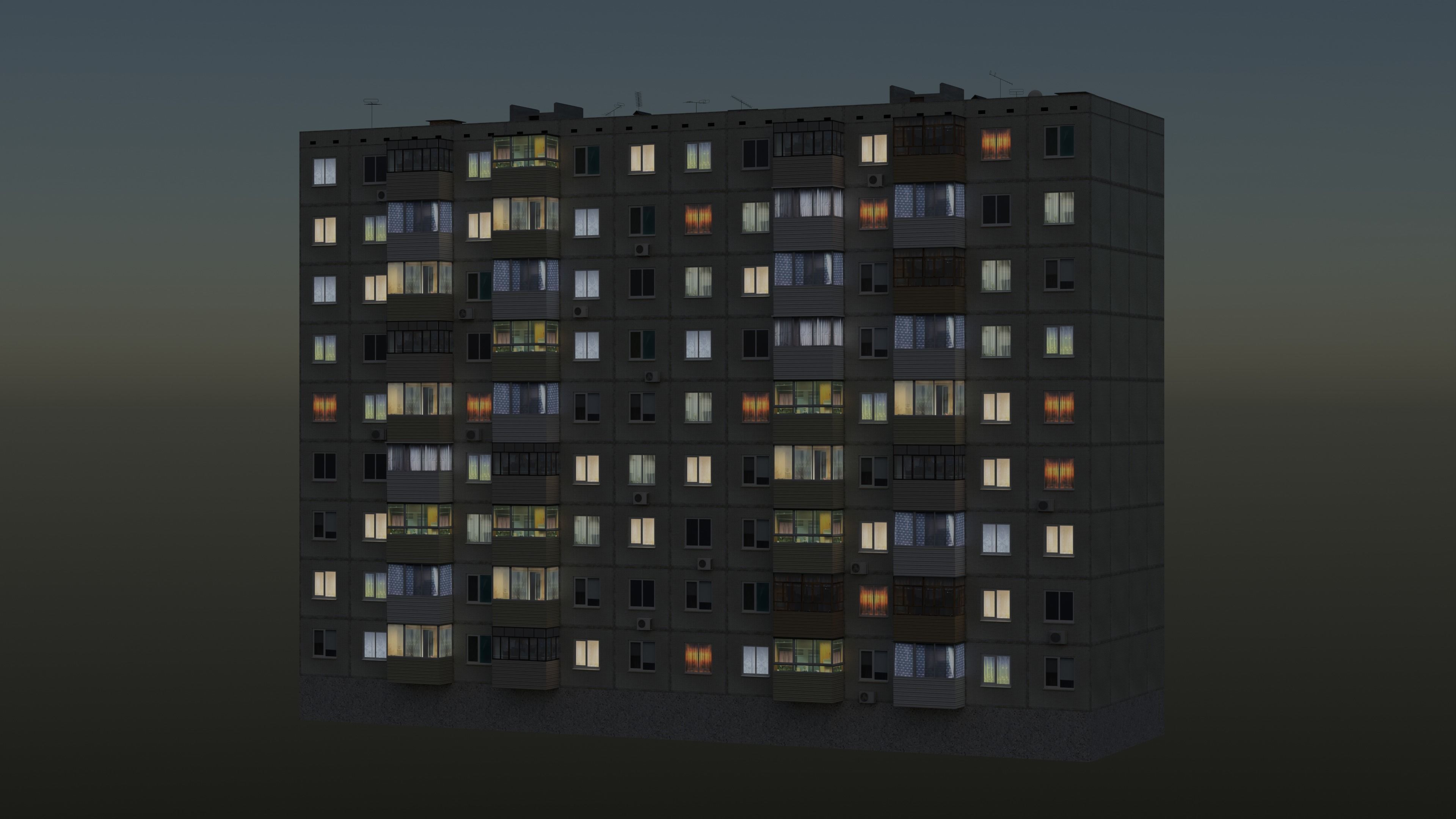 Soviet Panel Apartment Building two entrances Low-poly 3D model_8