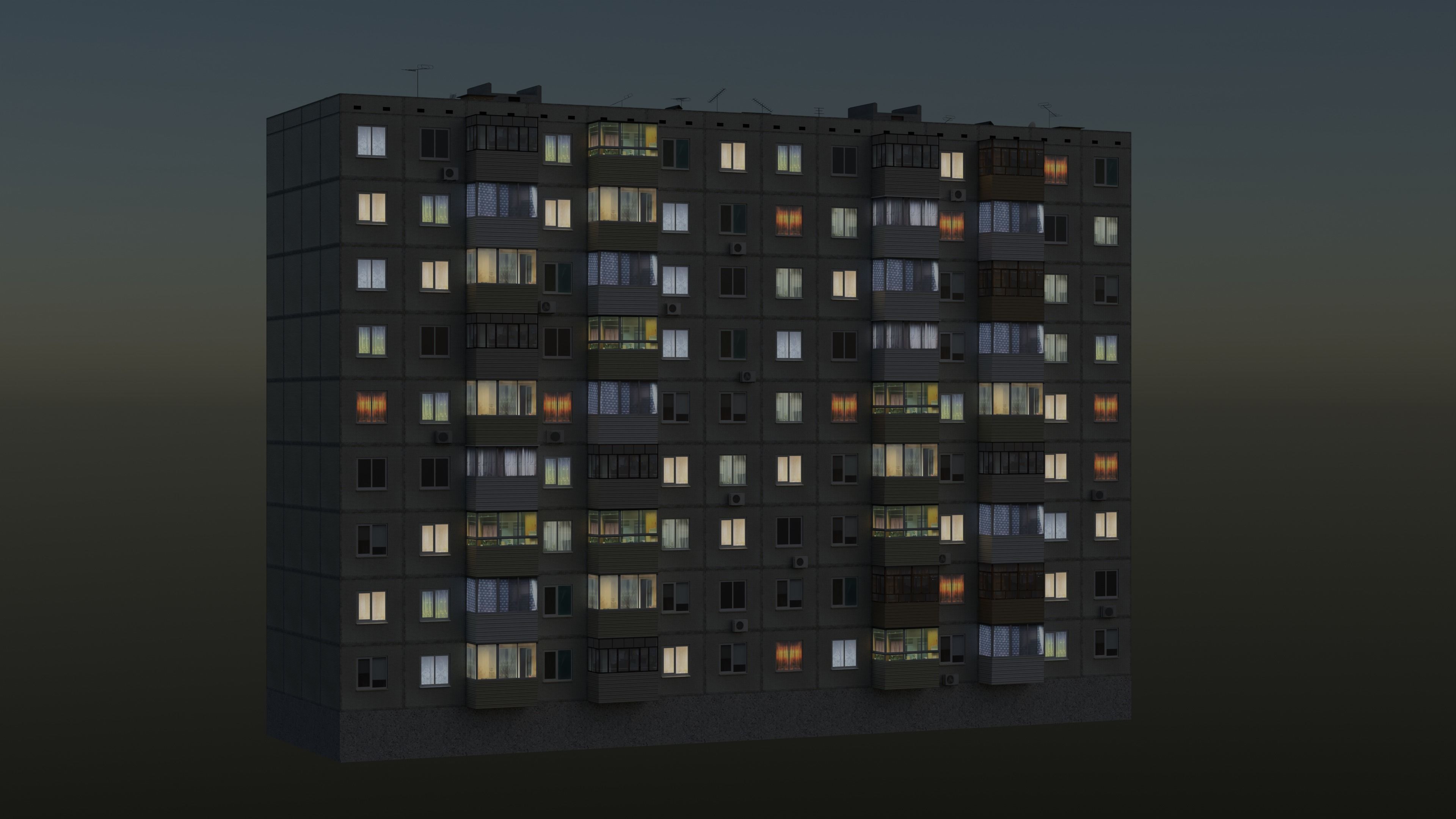 Soviet Panel Apartment Building two entrances Low-poly 3D model_7