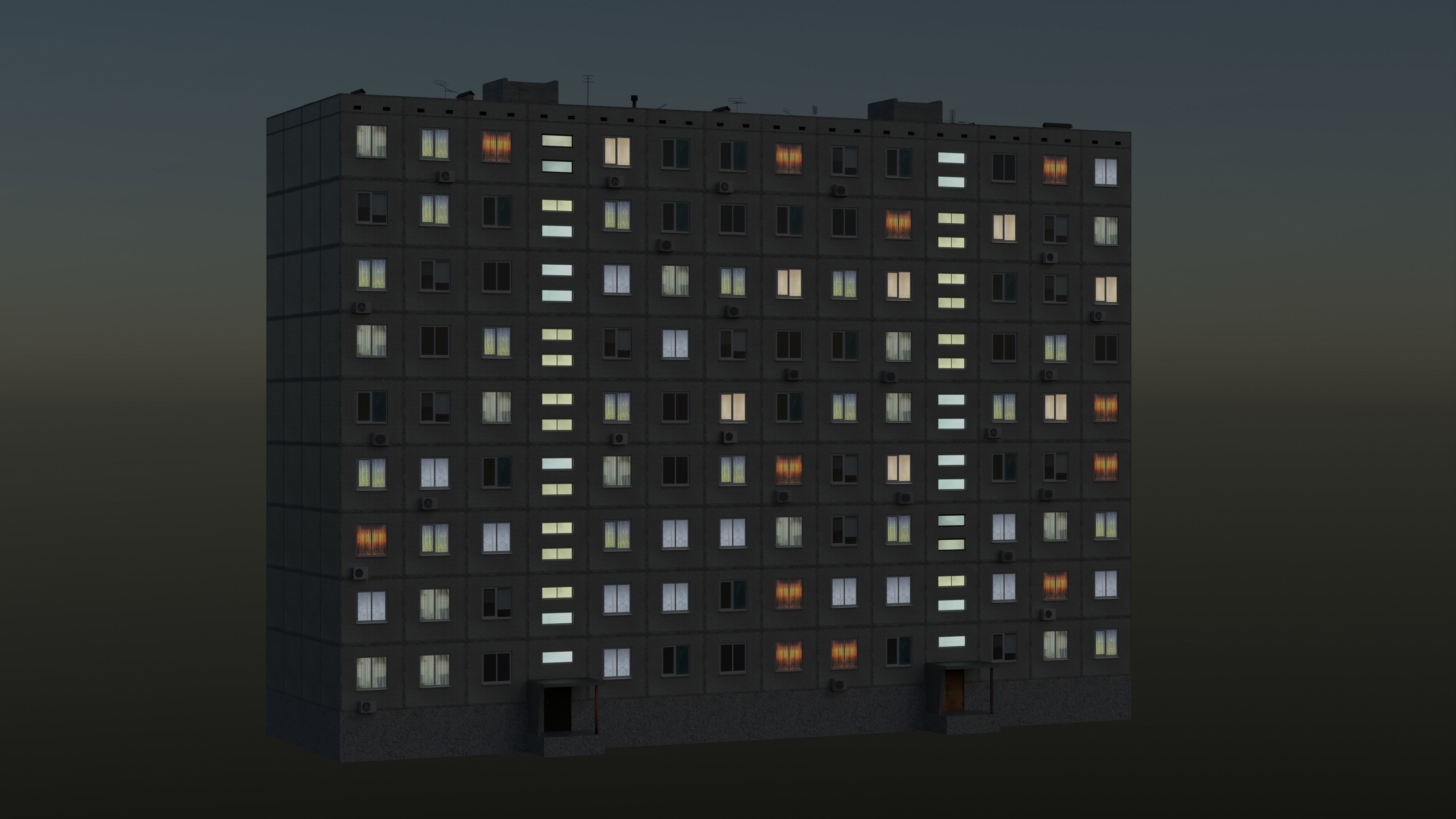 Soviet Panel Apartment Building two entrances Low-poly 3D model_5