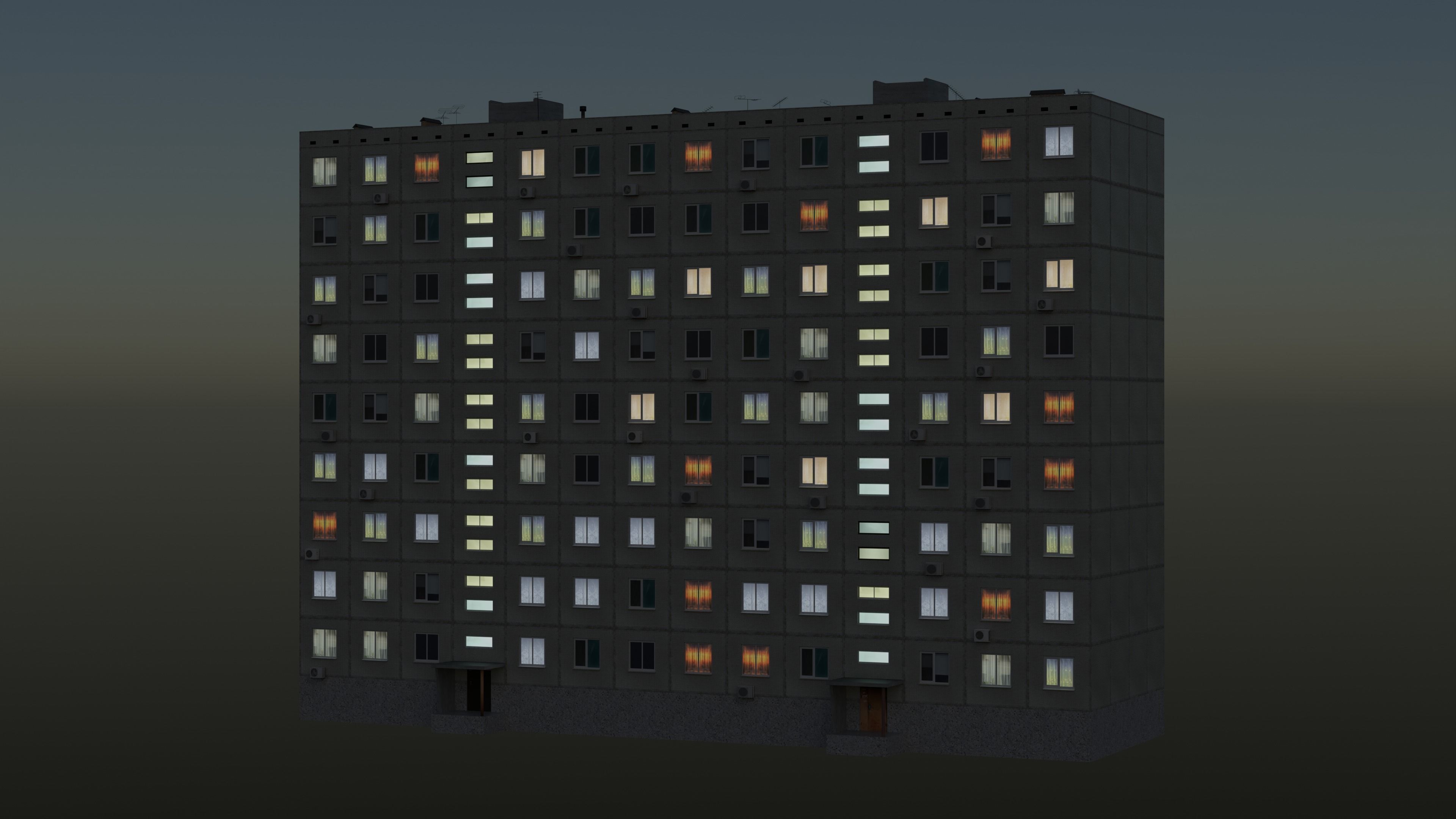 Soviet Panel Apartment Building two entrances Low-poly 3D model_6