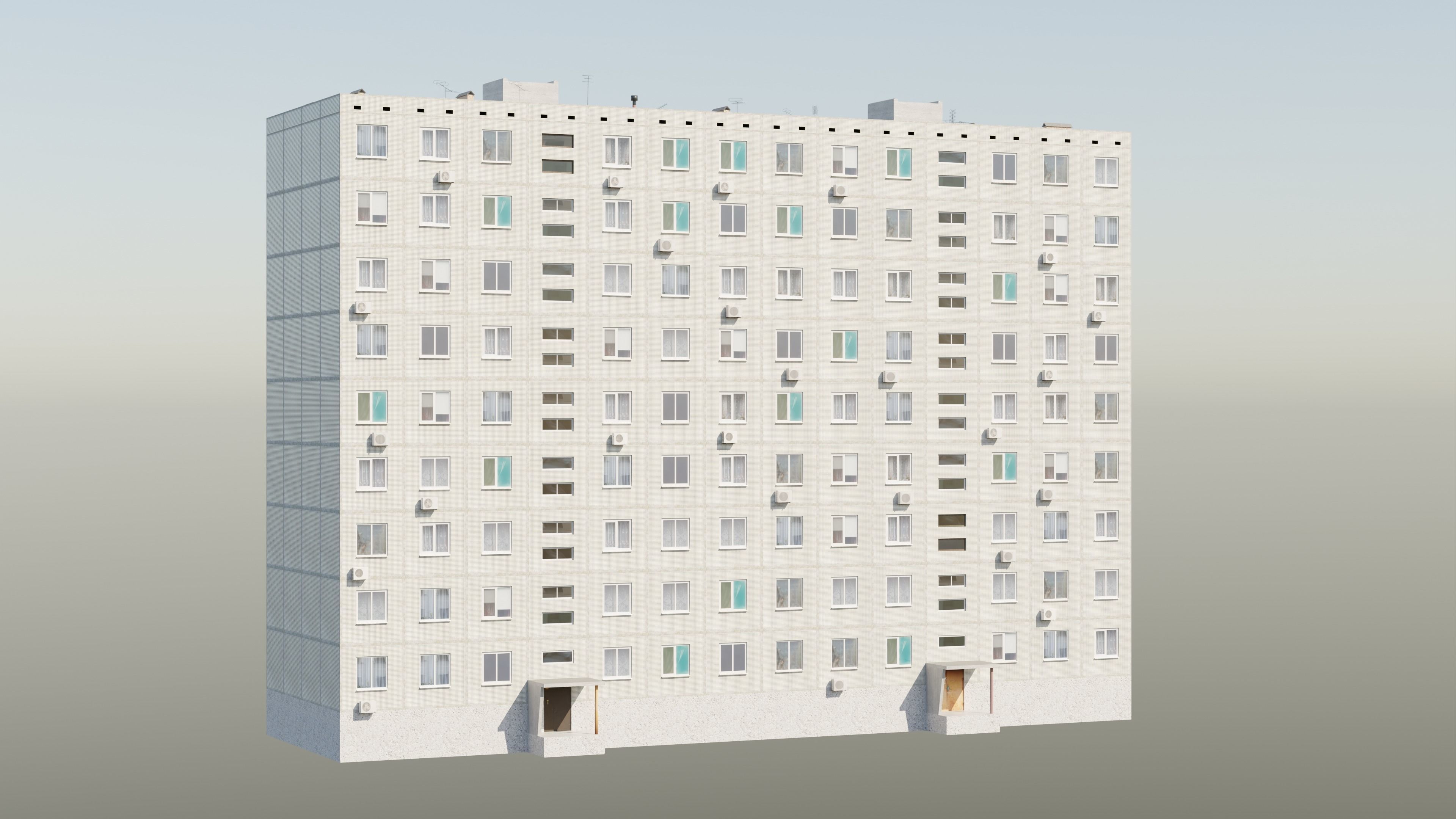 Soviet Panel Apartment Building two entrances Low-poly 3D model_1