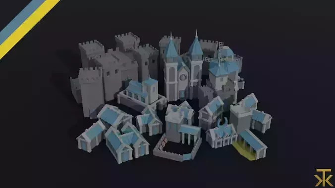 Cartoon fantasy light city asset Polygonal Style Low-poly 3D model