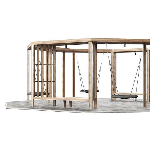 Set of pergolas gazebos canopies with swings benches 3D model 2