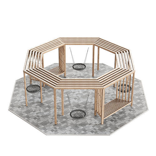 Set of pergolas gazebos canopies with swings benches 3D model 5