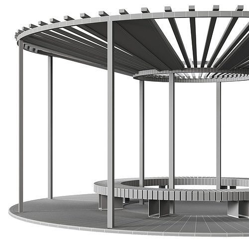 Set of pergolas gazebos canopies with swings benches 3D model 7