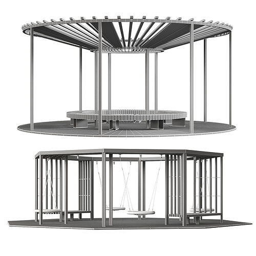 Set of pergolas gazebos canopies with swings benches 3D model 6