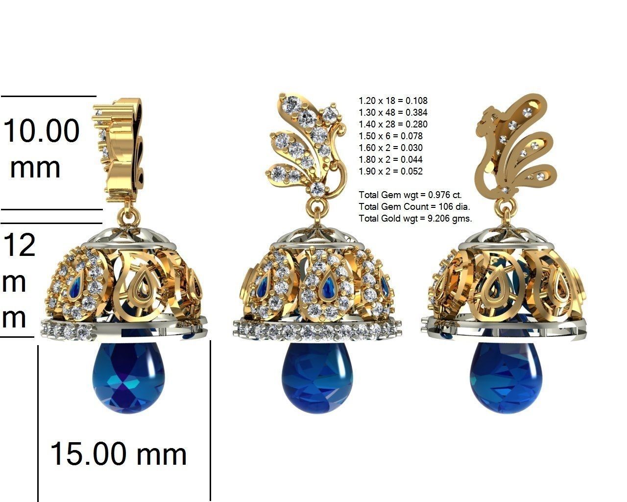 Hanging Diamond Drops Earrings 3dm render details 3D print model_9