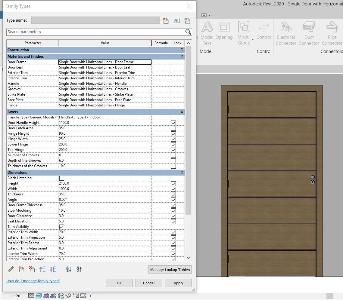 Single Door - Horizontal Lines -12 Handles - Revit 2020  3D model_1
