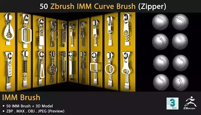 50 Zbrush IMM Curve Brush -Zipper VOL 01 3D model