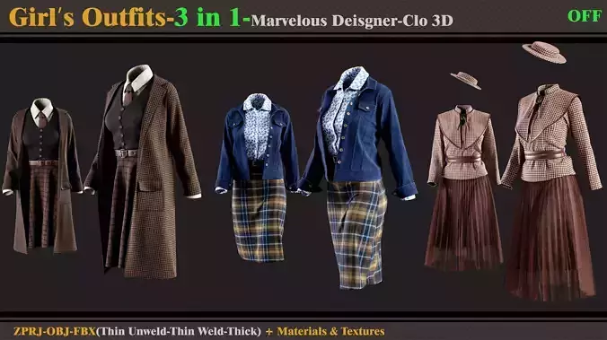 3 in 1 Girls Outfits-Clo3d-OBJ-FBX -Materials-Textures