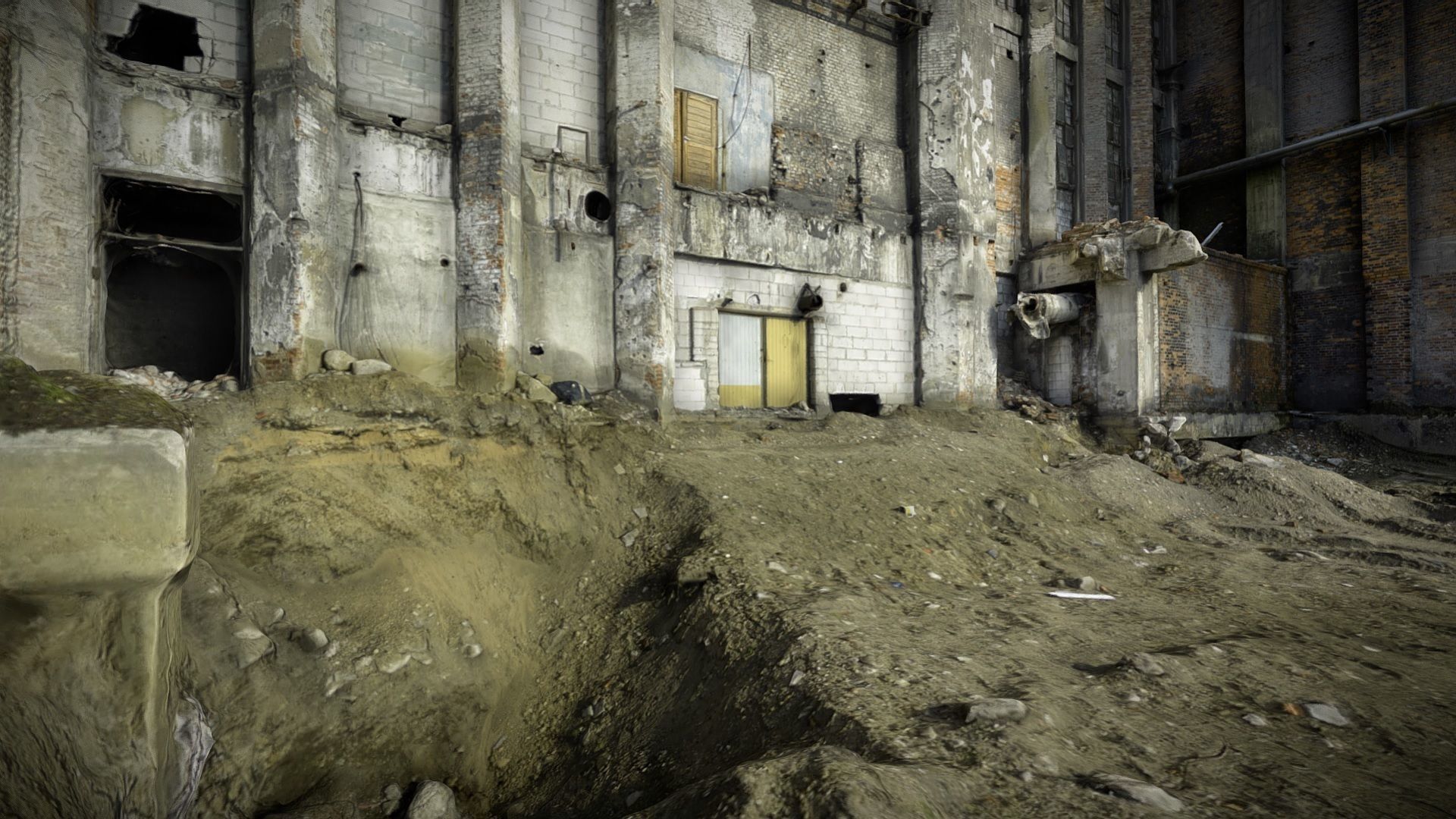 Mighty facade of an abandoned and ruined factory 3D model_3