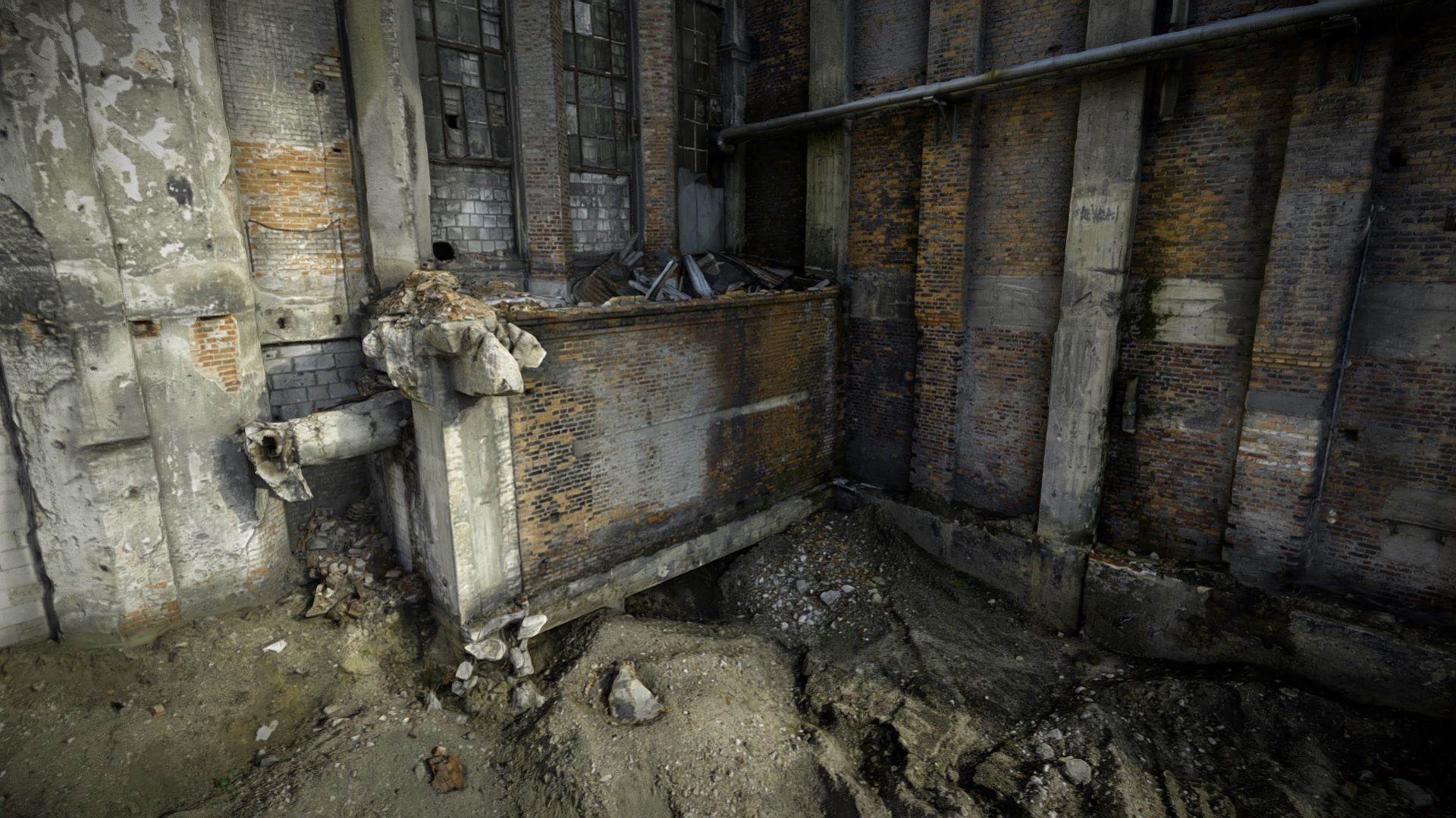 Mighty facade of an abandoned and ruined factory 3D model_4