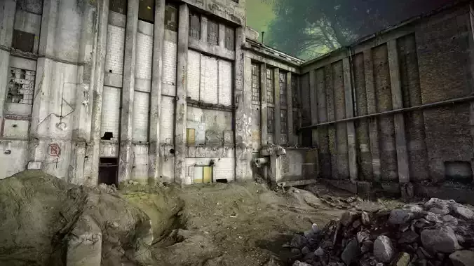 Mighty facade of an abandoned and ruined factory