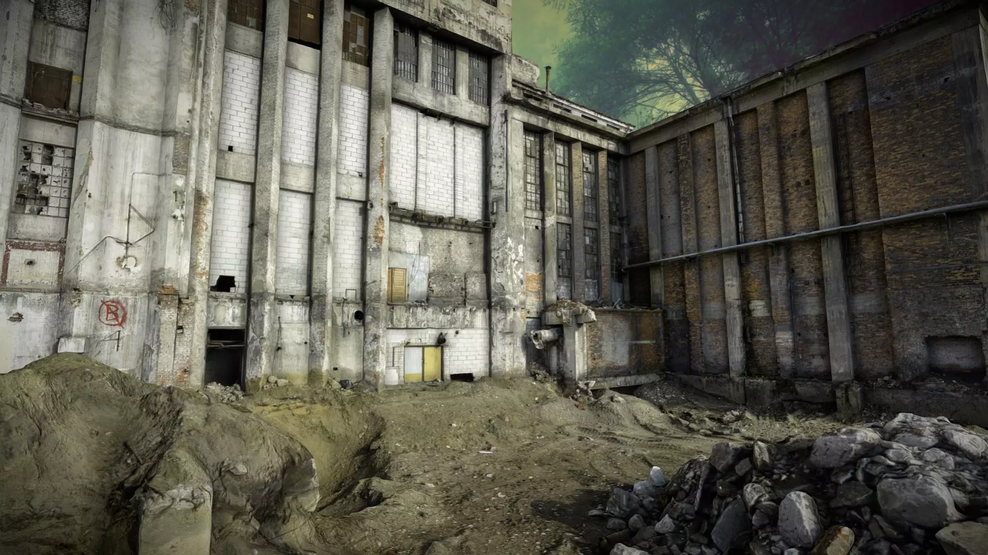 Mighty facade of an abandoned and ruined factory 3D model_0