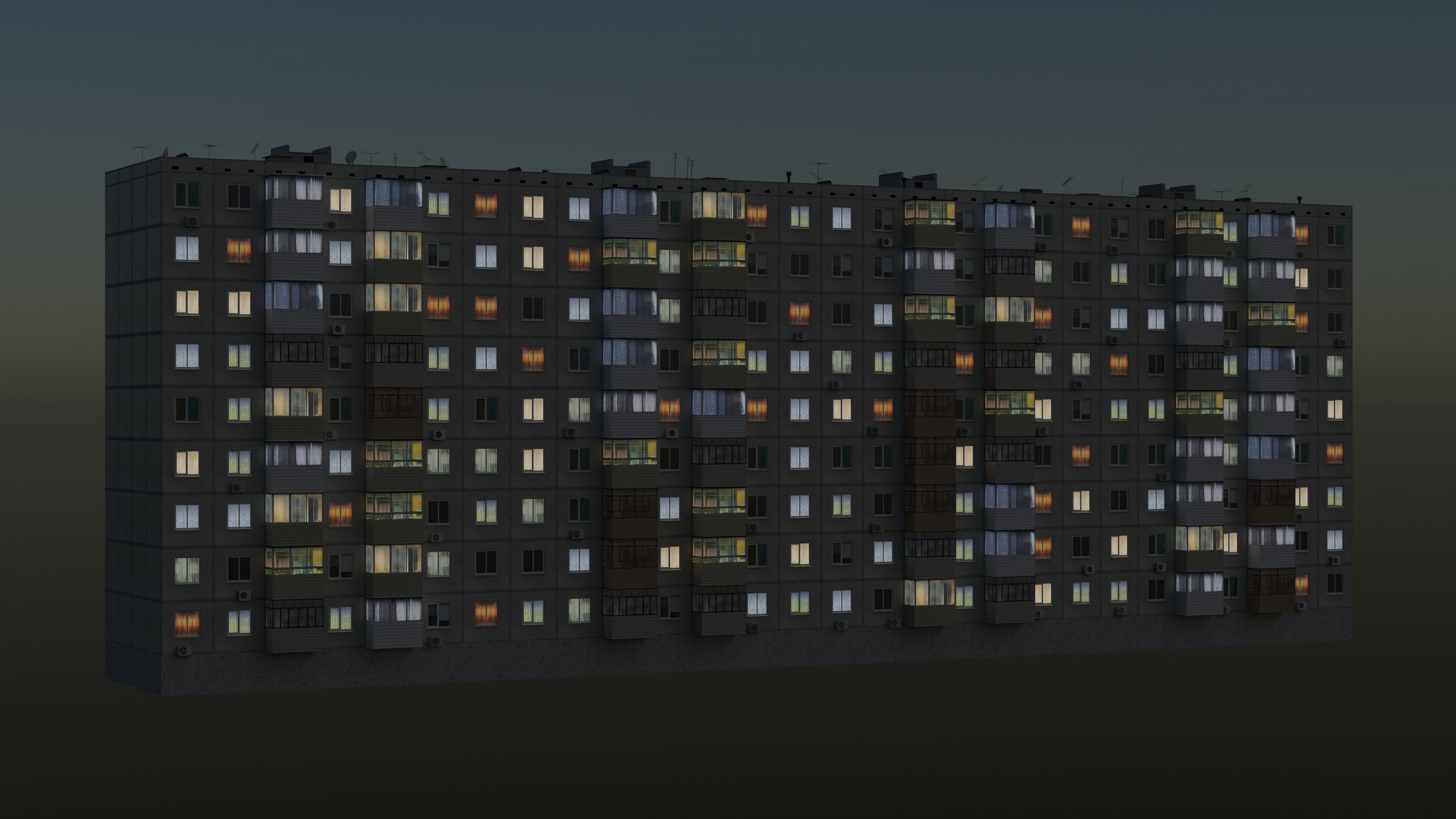 Soviet Panel Apartment Building with four entrances Low-poly 3D model_7