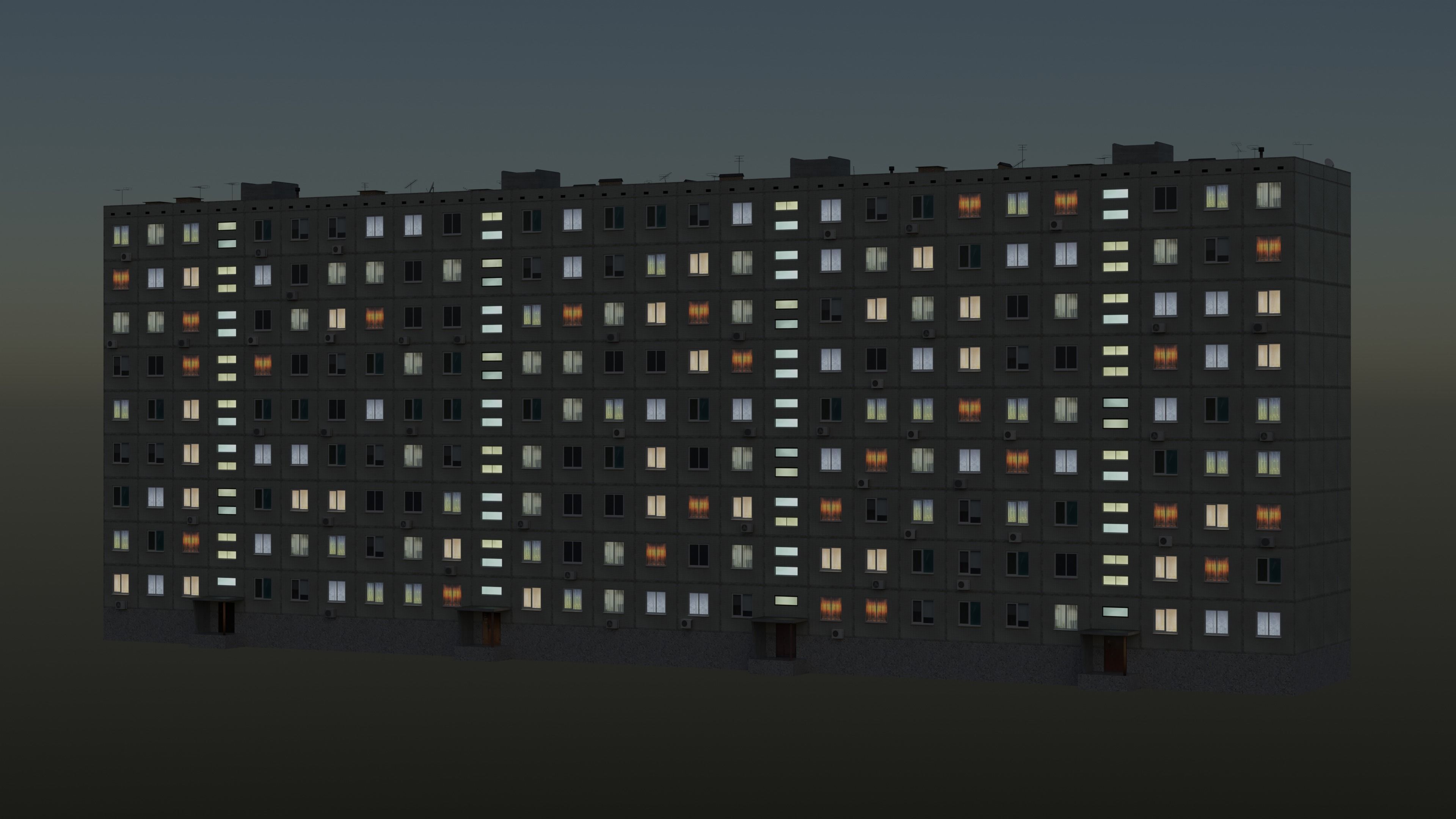Soviet Panel Apartment Building with four entrances Low-poly 3D model_6